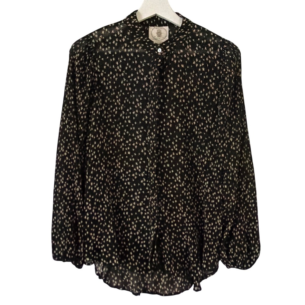 Muche et Muchette Black Bird Print Plisse Blouse OSFM Band Collar Hidden Button